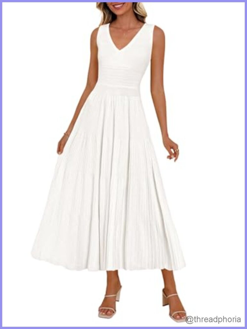 Women's Sleeveless V-Neck Pleated A-Line Midi Dress